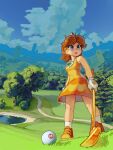  1girl :o absurdres ball blue_eyes breasts brown_hair cloud crown dress english_commentary eyebrows_visible_through_hair fingerless_gloves full_body gloves golf_ball golf_club highres holding holding_golf_club looking_away mario_(series) mario_golf open_mouth outdoors pond princess_daisy short_hair sky solo standing trail tree white_gloves wormwash 