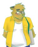  2014 anthro biped black_nose blush bottomwear brown_body brown_fur canid canine clothing eyewear fur glasses hi_res kounosuke_(morenatsu) male mammal morenatsu overweight overweight_male pants raccoon_dog shirt simple_background solo tanuki tohfu topwear video_games visual_novel white_background 