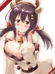  1girl alternate_costume antlers azur_lane bangs beige_dress bell belt blush bow breasts breasts_out brown_eyes chestnut_mouth choker christmas cleavage clutching_chest collarbone commentary_request dress hair_between_eyes hair_bow hair_ornament hairclip headband highres horns large_breasts long_hair looking_at_viewer nagara_(azur_lane) neck_bell off-shoulder_dress off_shoulder pom_pom_(clothes) red_bow reindeer_antlers shadow shiny shiny_hair solo spaghetti_strap tonchinkan twintails white_background 