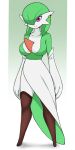  1girl absurdres alternate_eye_color arms_at_sides bangs black_legwear bob_cut breasts clothed_pokemon collarbone colored_skin earclip elbow_gloves full_body gardevoir gloves gradient gradient_background green_background green_hair green_skin hair_over_one_eye happy highres large_breasts looking_at_viewer mole mole_on_breast multicolored_skin naga_no_chahua_hui one_eye_covered parted_lips pillarboxed pokemon pokemon_(creature) purple_eyes short_hair simple_background smile solo standing teeth thighhighs two-tone_skin white_gloves white_skin 
