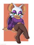  absurd_res anthro border breasts chiropteran cleavage clothed clothing crossed_legs female hand_on_leg hand_on_thigh hi_res legwear mammal omegasunburst rouge_the_bat sega solo sonic_the_hedgehog_(series) stockings white_border wings 