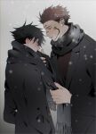  2boys black_coat black_hair black_scarf blush closed_mouth clothes_grab coat facial_tattoo fushiguro_megumi green_eyes grey_scarf hair_between_eyes hands_in_pockets height_difference highres jujutsu_kaisen kamome_(penguin_n) long_sleeves looking_at_another male_focus multiple_boys parted_lips pink_hair red_eyes ryoumen_sukuna_(jujutsu_kaisen) scarf scarf_grab short_hair sideburns spiked_hair standing tattoo undercut winter winter_clothes winter_coat yaoi 