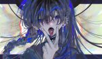  1girl bangs black_hair black_shirt blue_eyes braid commentary_request ear_piercing earrings fangs hairstyle_request highres jewelry long_hair looking_at_viewer open_mouth original piercing portrait shirt siun_5513 solo tongue tongue_out tongue_piercing v 