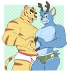  animal_crossing anthro bam_(animal_crossing) blue_body blue_fur briefs cervid clothing duo felid fur gesture hand_heart hi_res horn jrjresq male male/male mammal muscular muscular_male nintendo pantherine pecs striped_body striped_fur stripes tiger underwear unknown_character video_games 