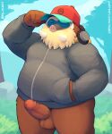  2022 anthro balls belly blush bottomless bottomless_male brown_body clothed clothing digital_media_(artwork) elephantid erection fur genitals hi_res hoodie humanoid_genitalia humanoid_hands humanoid_penis mabit male mammal mammoth mamoswine nintendo overweight overweight_anthro overweight_male penis pok&eacute;mon pok&eacute;mon_(species) proboscidean solo topwear tusks video_games 