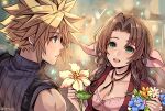  1boy 1girl aerith_gainsborough bangs blonde_hair blue_eyes blue_flower blue_shirt breasts brown_hair choker cleavage cloud_strife dress earrings final_fantasy final_fantasy_vii flower fujimaru_(green_sparrow) green_eyes hair_ribbon holding holding_flower jacket jewelry medium_breasts open_mouth parted_bangs pink_dress red_jacket ribbon ribbon_choker shirt sidelocks sleeveless sleeveless_turtleneck smile spiked_hair suspenders teeth turtleneck upper_body upper_teeth yellow_flower 