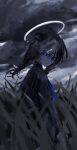  1girl bangs black_hair black_shirt blue_bow blue_bowtie blue_eyes bow bowtie braid dark_sky grass hair_between_eyes halo highres holding holding_sword holding_weapon katana long_hair looking_at_viewer looking_back low_twin_braids original overcast shirt siun_5513 solo sword twin_braids weapon 