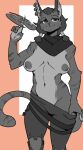  2022 5_fingers absurd_res anthro belt bethesda_softworks bottomwear bottomwear_pull breasts clothed clothing clothing_pull ear_piercing erect_nipples felid female fingers fur greyscale hi_res hood khajiit knee_pads mammal medium_breasts monochrome navel nipples pants pants_pull piercing pigtails pupils signature slit_pupils smile solo spikedmauler spinning_weapon standing striped_body striped_fur stripes teasing the_elder_scrolls topless video_games 
