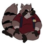  2022 alcolverme anthro belly big_belly black_body black_nose brown_body clothing humanoid_hands male mammal overweight overweight_male procyonid raccoon shirt simple_background sitting solo topwear white_background 