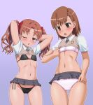  2girls adapted_uniform arms_behind_head asymmetrical_bangs bangs beige_vest black_bra black_panties blush bow bow_panties bra breasts brown_eyes brown_hair clothes_tug collared_shirt cropped_shirt cropped_vest eyebrows_visible_through_hair grey_skirt groin hair_bow looking_at_viewer microskirt misaka_mikoto multiple_girls navel one_eye_closed open_mouth panties parted_bangs pink_bra pink_panties pleated_skirt purple_background red_bow school_uniform shirai_kuroko shirt short_hair short_sleeves side-tie_panties skirt skirt_tug small_breasts stomach sweater sweater_tug sweater_vest thigh_gap thighs toaru_kagaku_no_railgun toaru_majutsu_no_index tokiwadai_school_uniform twintails underwear v-neck vest vierosky wavy_hair white_shirt 