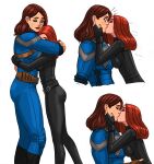  2girls alternate_universe belt black_bodysuit black_widow blue_bodysuit bodysuit breasts brown_eyes brown_gloves brown_hair captain_carter closed_eyes fingerless_gloves flick-the-thief gloves hand_on_another&#039;s_face height_difference highres hug kiss large_breasts lipstick long_hair makeup marvel marvel_cinematic_universe medium_breasts multiple_girls muscular muscular_female natasha_romanoff peggy_carter red_hair red_lips size_difference superhero surprise_kiss surprised what_if_(disney+) wide-eyed yuri 