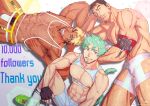  3boys abs animal_ears arm_hair armband armpit_hair armpits arms_up bandages bara bare_pectorals biceps black_hair blonde_hair brown_hair chest_belt chest_hair cigarette confetti crop_top ear_piercing earrings facial_hair fishnet_top fishnets gloves green_hair hairy hand_on_own_face highres jewelry large_pectorals leg_hair legband long_sideburns male_focus male_underwear manly multiple_boys muscular muscular_male navel navel_hair nipples original pectorals piercing pink_eyes pubic_hair red_eyes reki_uraaka shoes short_hair sideburns smile smoking socks stubble tail tan text_focus thank_you thick_arms thick_eyebrows thick_thighs thighs topless topless_male tusks underwear veins veiny_arms 