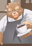  2022 anthro apron belly beverage big_belly black_nose clothing coffee container cup cute_fangs hi_res humanoid_hands kemono male mammal overweight overweight_male puss3250 scar solo ursid 
