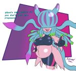  abstract_background absurd_res bandai_namco belly big_belly big_breasts breasts cnidarian curvaceous curvy_figure dialogue digimon digimon_(species) digimon_ghost_game fangs gesture hand_on_stomach hi_res invalid_tag jellyfish jellymon marine medusozoan pointing pregnant smug sonomatic spats tentacles teslajellymon voluptuous what 