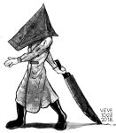  2018 biped boots clothing coat dated dirty footwear gloves handwear holding_object holding_weapon humanoid not_furry not_furry_focus obscured_face pyramid_head_(silent_hill) shadow side_view signature skyelegs solo standing topwear weapon 