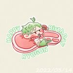  1boy antenna_hair beige_background beige_jacket boned_meat character_name chibi commentary crossed_legs daimonji_ryugon dated eating english_text error food fork green_hair green_pants haneuzu_miuneru_(artist) happy_birthday holding holding_fork jersey logo long_sleeves lowres lying male_focus meat multicolored_hair on_back pants red_eyes red_scarf scarf shirt simple_background sleeveless sleeveless_jacket solo steak two-tone_hair virtual_youtuber voms white_hair white_shirt 