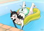 anthro arzdin ass_up blush breast_squish breasts bull_terrier canid canine canis clothed clothing diaper domestic_dog female hunting_dog kiddie_pool mammal solo spots squish swimming_pool terrier topless topless_female water waterlogged_diaper 