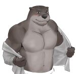  2021 anthro biceps black_eyes black_nose blush bodily_fluids brown_body brown_fur clothing digital_media_(artwork) echo_(series) echo_project episode0006 fur hi_res lutrine male mammal muscular muscular_anthro muscular_male mustelid pecs shirt simple_background solo sweat sweatdrop the_smoke_room todd_bronson topwear undressing video_games visual_novel whiskers white_background white_clothing white_shirt white_topwear 