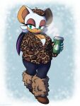  absurd_res animal_print anthro beret beverage boots breasts chiropteran cleavage clothed clothing coffee female footwear fur_boots hat headgear headwear hi_res mammal omegasunburst print_clothing rouge_the_bat sega snow solo sonic_the_hedgehog_(series) steam wings 