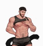  1boy :p abs bara beard biceps black_hair blue_eyes buzz_cut clothes_lift earphones facial_hair hand_on_hip hand_on_own_chest highres kuroshima_kurishiro_(muyi24108414) large_pectorals looking_at_viewer male_focus manly muscular muscular_male navel navel_hair nipples original pectorals shirt_lift short_hair shorts solo sweat sweatdrop tail tank_top thick_arms thick_eyebrows tongue tongue_out underpec very_short_hair 