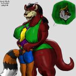  big_breasts bigshow bodily_fluids breasts canid canine ceeb desmond dragon duo face_in_tits female fox hi_res huge_breasts hybrid large_female male mammal murid murine mushi nipple_outline procyonid raccoon rat rodent size_difference smaller_male sweat 
