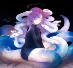  1girl black_background black_sweater cyclops fangs fangs_out forked_tongue halo highres hogara lamia looking_at_viewer monster_girl one-eyed original purple_eyes purple_hair scales signature sitting slit_pupils snake snake_hair snake_tail sweater symbol-shaped_pupils tail tongue 