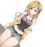  1girl :o aa211108 asymmetrical_bangs bangs blonde_hair blush breasts brown_hair cleavage collarbone crop_top denim denim_shorts dutch_angle fujimoto_rina half-closed_eyes idolmaster idolmaster_cinderella_girls jacket jacket_partially_removed looking_at_viewer multicolored_hair shirt short_shorts shorts simple_background sleeveless sleeveless_shirt solo thighs two-tone_hair wavy_hair white_background 