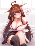  1girl :q absurdres ahoge arugou bangs black_legwear blush breasts brown_hair brown_skirt detached_sleeves eyebrows_visible_through_hair headgear heart highres japanese_clothes kantai_collection kongou_(kancolle) large_breasts long_hair looking_at_viewer nontraditional_miko off_shoulder purple_eyes ribbon-trimmed_sleeves ribbon_trim sidelocks sitting skirt smile solo spoken_heart sweat thighhighs tongue tongue_out very_long_hair 