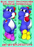  absurd_res ambiguous_gender artist_tiskrbap biped blue_body blue_eyes clothing dakimakura_design dakimakura_pose dakimakura_style dark_blue_yoshi dinosaur eyelids footwear footwear_only hi_res looking_at_viewer looking_back looking_seductive lying male mario_bros mostly_nude nintendo on_back on_front presenting reptile scalie shoes shoes_only smile solo video_games yoshi 