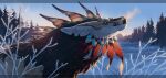  2022 ambiguous_gender blue_eyes day detailed_background digital_media_(artwork) dragon feathered_dragon feathered_wings feathers feral forest hi_res outside plant polunoch sky snow solo tree wings 