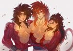  3boys a abs artist_name bara belt biceps black_hair blue_eyes bracelet brant0815 crossed_arms dragon_ball fang gogeta hand_on_hip hug jewelry large_pectorals long_hair looking_at_viewer male_focus manly monkey_tail multiple_boys muscular muscular_male navel nipples open_mouth pants pectorals red_fur red_hair smirk son_goku spiked_hair sun_wukong super_saiyan super_saiyan_4 tail thick_arms topless topless_male upper_body vegeta yellow_eyes 