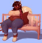  2022 4_toes absurd_res anthro bench big_breasts bottomwear breasts brown_body brown_hair brown_nose canid canine chest_tuft cleavage clothed clothing colored curvy_figure cute_fangs denim denim_clothing digital_media_(artwork) feet female fluffy fluffy_tail full-length_portrait hair hi_res huge_breasts jeans kitsuneten long_hair looking_at_viewer mammal midriff navel overweight overweight_anthro overweight_female pants portrait purple_eyes shaded simple_background sitting small_nose smile solo striped_ears thick_thighs toes tuft voluptuous wide_hips 