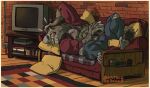  anthro beatriz_rebollo canid canine clothed clothing furniture headache hi_res hoodie male mammal muscular muscular_male nathan_(beatriz) nipples pecs rug sofa solo television topwear were werecanid werecanine werewolf 