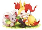  1girl :3 animal_ear_fluff animal_ears animal_feet animal_hands animal_nose black_eyes black_fur blush body_fur braixen closed_mouth commentary day eye_contact flat_chest flower fox_ears fox_girl fox_tail full_body fur_collar furry furry_female grass half-closed_eyes happy highres holding holding_flower ktyon3 light_blush looking_at_another minccino open_mouth outdoors pokemon pokemon_(creature) red_eyes red_flower smile snout squatting standing stick tail tulip white_fur yellow_fur 