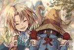  2boys bangs black_mage blonde_hair blue_coat closed_eyes coat final_fantasy final_fantasy_ix fujimaru_(green_sparrow) gloves hat holding holding_clothes holding_hat monkey_tail multiple_boys neck_ribbon open_mouth parted_bangs ribbon smile square_enix strap tail teeth upper_teeth vivi_ornitier wizard_hat yellow_eyes zidane_tribal 