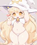  absurd_res anthro belly blonde_hair bovid buckteeth caprine charm cloak clothed clothing eigetsu female flat_chested fur hair hat headgear headwear hi_res holding_clothing holding_hat holding_headgear holding_headwear holding_object kemono long_hair mammal navel open_mouth open_smile panties sheep simple_background smile solo tan_background teeth thick_thighs thong topless underwear white_body white_fur wide_hips witch_hat yellow_eyes young 