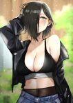  1girl absurdres black_hair black_jacket blue_eyes breasts cleavage closed_mouth hair_over_one_eye hand_in_own_hair highres huge_breasts jacket looking_at_viewer midriff mole mole_on_breast navel open_clothes open_jacket original pantyhose presenting_shoulder rain_prophet smile upper_body 