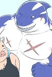  anthro blue_hair clothing duo fish flirting gouryou hair hi_res lifewonders male male/male mammal marine one_eye_closed pecs scar shark shirt shirtless size_difference suid suina sus_(pig) tank_top tokyo_afterschool_summoners topwear typhon video_games wild_boar wink yukimushi6 
