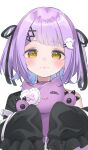  1girl :3 black_ribbon blush eyebrows_visible_through_hair ghost_hair_ornament hair_ribbon highres holding holding_stuffed_toy long_sleeves looking_at_viewer namaonpa purple_hair ribbon shinomiya_runa simple_background sleeves_past_fingers sleeves_past_wrists solo stuffed_toy upper_body virtual_youtuber vspo! white_background yellow_eyes 