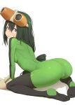  1girl :p all_fours arched_back arm_support ass asui_tsuyu back bangs black_legwear bodysuit boku_no_hero_academia breasts cameltoe dark_green_hair feet frog_girl from_behind gloves goggles goggles_on_head green_bodysuit hair_between_eyes highres kuroneko_pantsu long_hair looking_at_viewer looking_back sanpaku shiny shiny_clothes solo stirrup_legwear thighhighs toeless_legwear tongue tongue_out 
