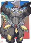 absurd_res anthro axe big_biceps big_pecs bottomwear clothed clothing flexing fossil_pok&eacute;mon grey_body hi_res loincloth looking_at_viewer male masterelrest melee_weapon muscular muscular_male navel nintendo partially_clothed pecs pok&eacute;mon pok&eacute;mon_(species) solo thick_thighs topless tyrantrum video_games weapon 