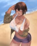  1girl bandaid bandaid_girl_(hunyan) bandaid_on_cheek bandaid_on_face beach bike_shorts black_shorts blue_eyes blurry blurry_background blush breasts brown_hair cardigan cleavage cleavage_reach dark-skinned_female dark_skin dated_commentary day hair_between_eyes highres hot hunyan large_breasts looking_at_viewer off_shoulder open_cardigan open_clothes original see-through short_hair short_shorts shorts solo sports_bra summer sweat tan tanlines wet_bra white_sports_bra 