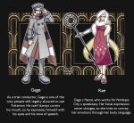  1920s_(style) 1boy 1girl asymmetrical_hair buttons coat english_text feather_boa flapper_girl fluorart grey_coat grey_footwear grey_hair grey_pants highres microphone original pants pokemon pokemon_(game) pokemon_legends:_arceus scarf vintage_microphone 