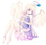  1girl :o bangs bare_arms bare_shoulders barefoot blonde_hair blue_flower blue_rose blush commentary dress eyebrows_visible_through_hair feathered_wings flower full_body halo highres knees_up long_hair looking_at_viewer original parted_lips purple_dress purple_eyes rose simple_background sitting solo symbol-only_commentary tsukiyo_(skymint) very_long_hair white_background white_wings wings 