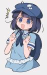  1girl @_@ ^^^ backpack bag bangs blue_eyes blue_shirt collared_shirt dark_blue_hair dark_haired_kappa eyebrows_visible_through_hair flat_cap frilled_shirt frills hands_up hat highres hitodama_print medium_hair neckerchief open_mouth sasa_kichi shirt short_sleeves simple_background solo sweatdrop tears touhou upper_body white_background 