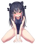  1girl :p absurdres animal_ears black_hair blue_archive blush green_eyes highres looking_at_viewer salukino school_swimsuit shun_(blue_archive) sidelocks solo squatting swimsuit tiger_ears tongue tongue_out 