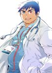  1boy bara blue_eyes blue_hair blush heterochromia highres labcoat long_sideburns male_focus mature_male mineaki_(housamo) mozhoyo muscular muscular_male open_mouth red_eyes scar scar_on_face short_hair sideburns smile solo stethoscope thick_eyebrows tokyo_afterschool_summoners track_suit upper_body white_background 