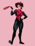  1990s_(style) 1girl absurdres animification bangs breasts brown_hair green_eyes hair_between_eyes hand_on_hip highres holding holding_mask levidu99 marvel mask mayday_parker medium_breasts pink_background retro_artstyle short_hair smile solo spider-girl spider-man_(series) spider_web_print superhero 