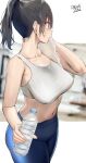  1girl bangs bare_shoulders black_hair blue_pants blurry blurry_background bottle breasts brown_eyes crop_top high_ponytail highres holding holding_bottle holding_towel large_breasts midriff navel oekakizuki open_mouth original pants sidelocks sports_bra sweat toned towel water wiping_sweat yoga_pants 