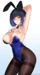  1girl absurdres alternate_costume animal_ears arm_behind_head arm_up armpits bangs black_hair black_legwear blue_hair blue_leotard blunt_bangs blush breasts detached_collar genshin_impact gold_trim highres hioyami large_breasts leotard looking_at_viewer mole mole_on_breast multicolored_hair necktie pantyhose parted_lips patreon_username playboy_bunny presenting_armpit rabbit_ears rabbit_tail short_hair short_necktie solo sweat tail thighband_pantyhose two-tone_hair yelan_(genshin_impact) 